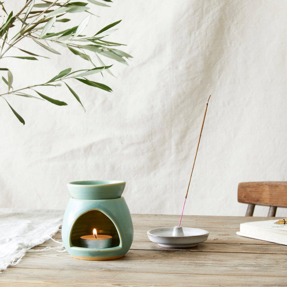 SUNU Stoneware Essential Oil Burner: Sea Glass Green - darker