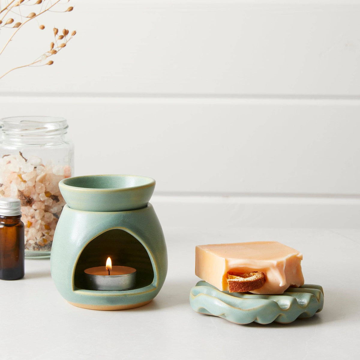 SUNU Stoneware Essential Oil Burner: Sea Glass Green - darker